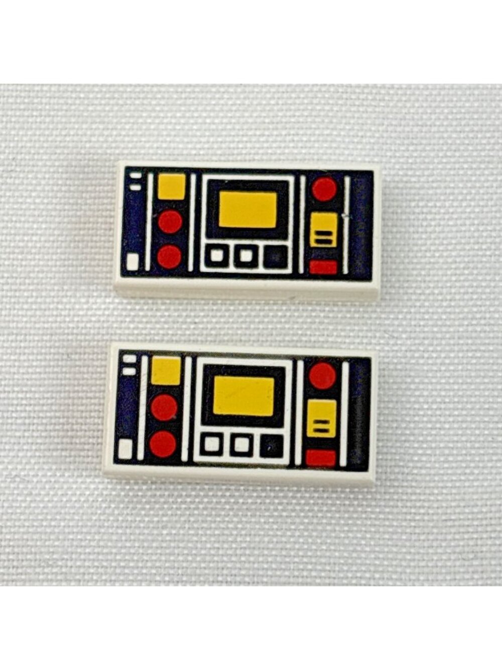 2 x Lego Tile 1 x 2 Red Yellow Controls Two White Stripes Left 3069p68 Set 6989